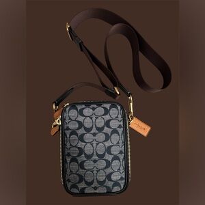 Coach denim  Crossbody Bag with brown shoulder strap. New